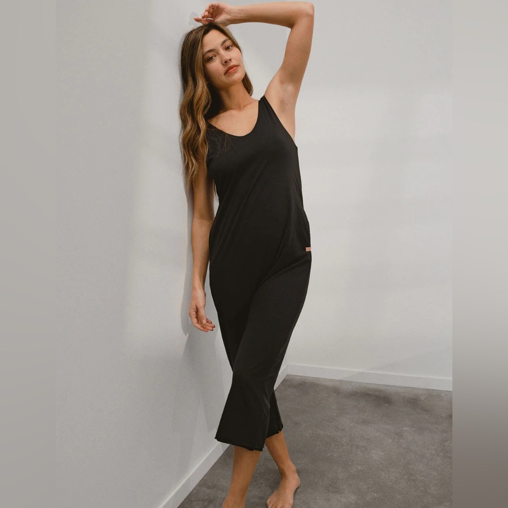 Lunya Black Organic Pima Cotton Sleep Romper with Low Back
